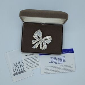 Vintage NIB Nolan Miller .925 Silver Bow Brooch With Rhinestones